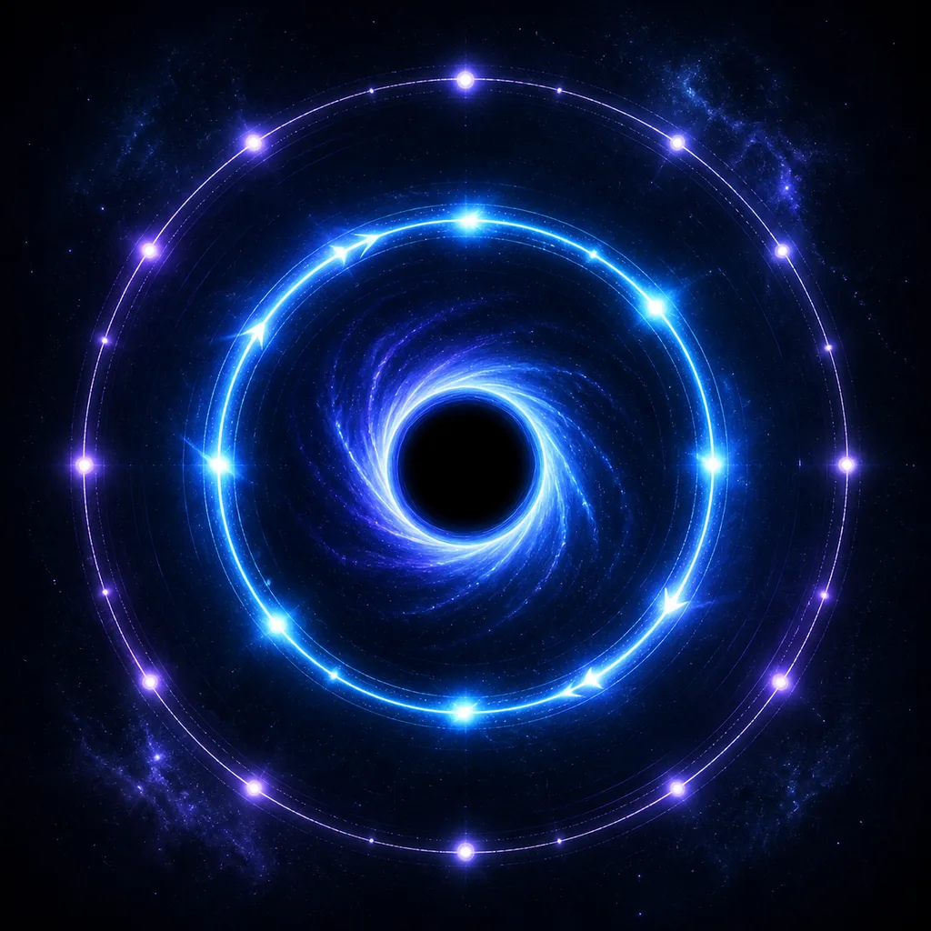 Two nested luminous orbital rings illustrating Black Hole 1 and Black Hole 2 timing