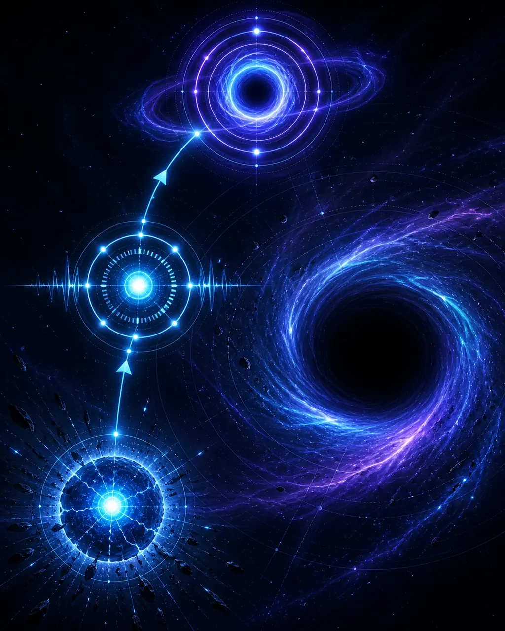 Editorial cosmic path showing three stages of Black Hole upgrade decisions