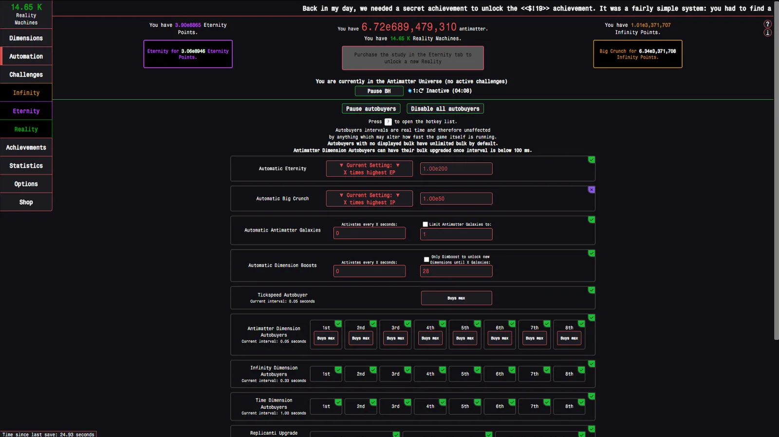 Official Antimatter Dimensions Automation screen with the Tickspeed and Antimatter Dimension autobuyer controls