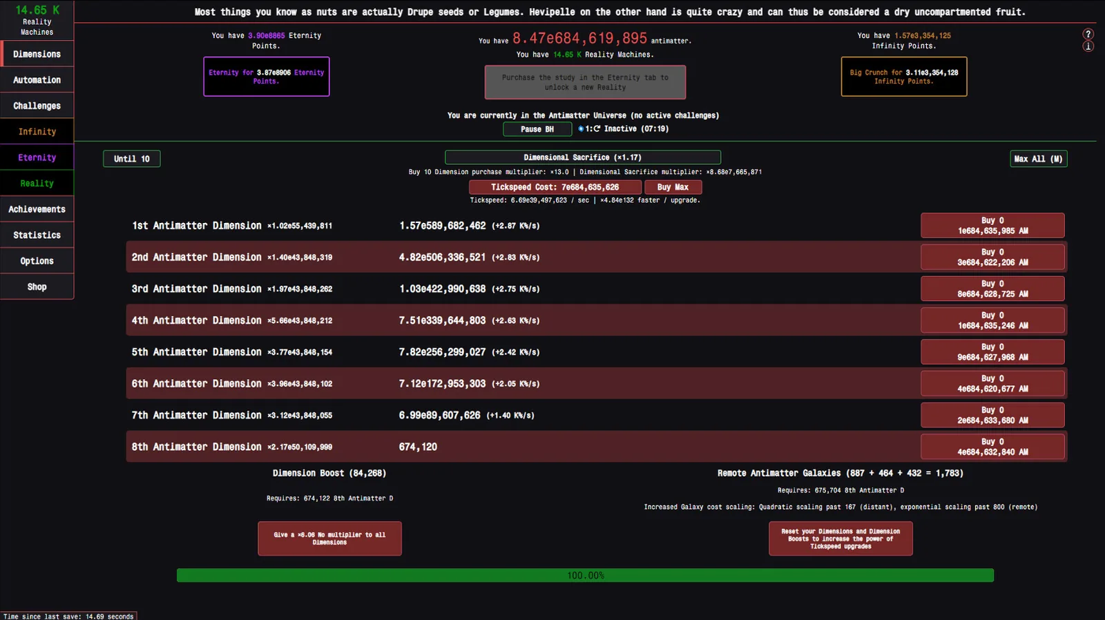 Official Antimatter Dimensions gameplay screen showing Tickspeed and all eight Antimatter Dimension costs