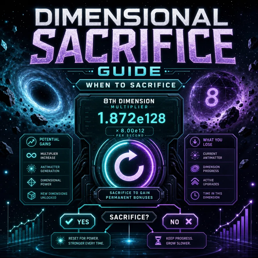 Antimatter Dimensions Dimensional Sacrifice guide showing a multiplier console and sacrifice timing decision chart