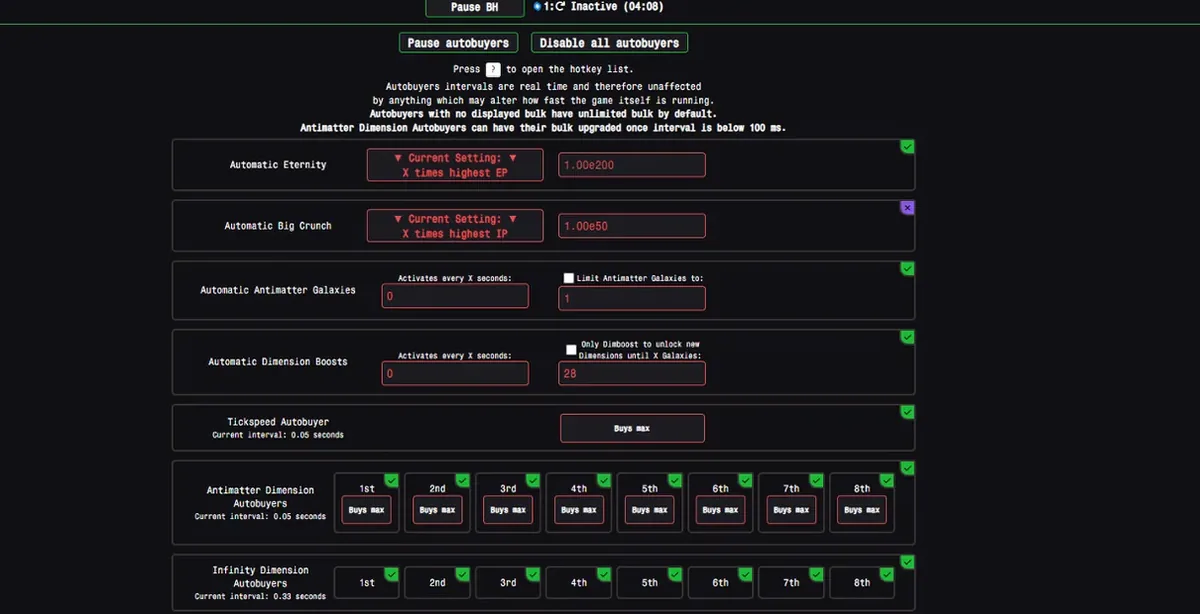Cropped official Steam screenshot of Antimatter Dimensions Automation settings