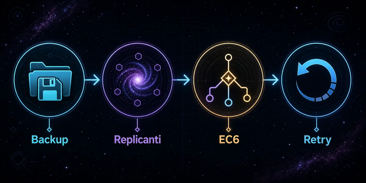 Editorial diagram showing backup, Replicanti readiness, EC6, and retry checkpoints
