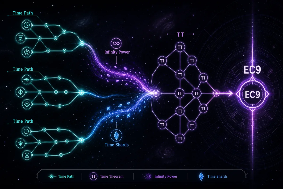Editorial Antimatter Dimensions EC9 guide graphic showing Time Study paths, Time Theorems, Infinity Power, and Time Shards converging on EC9