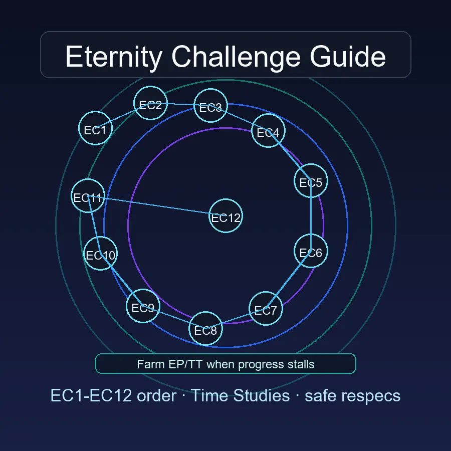 Antimatter Dimensions Eternity Challenge guide showing EC1 to EC12 progression and Time Study path
