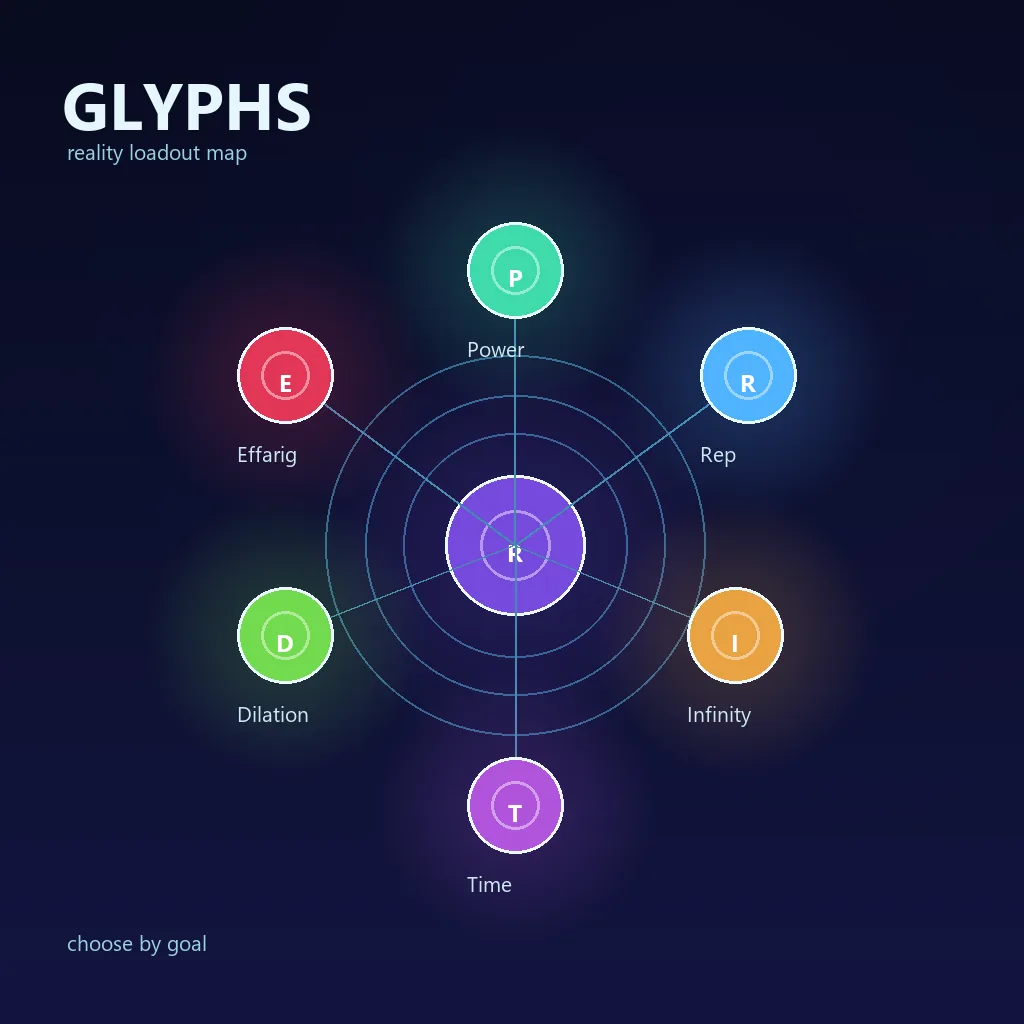 Editorial illustration of six glowing Glyph orbs arranged around a star in Antimatter Dimensions