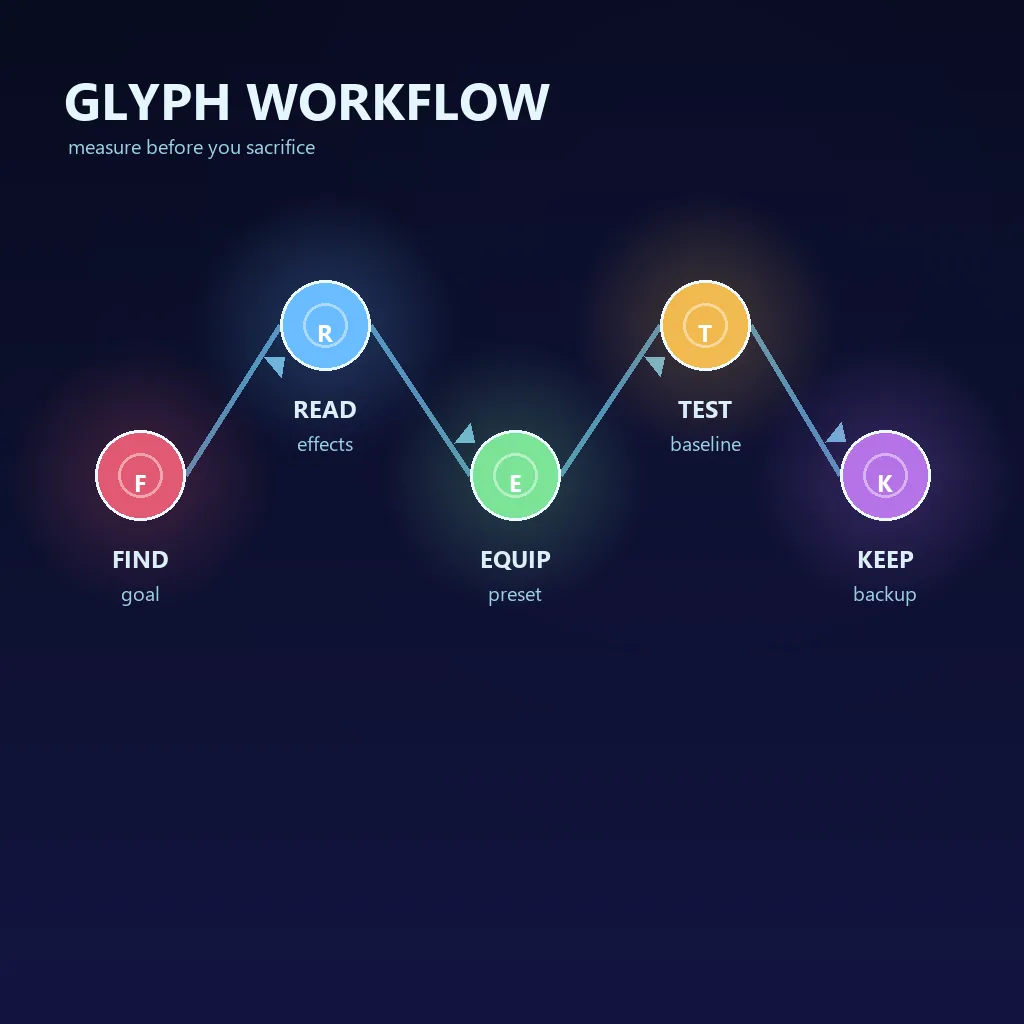 Editorial flow showing Glyph acquisition, inspection, equipping, testing, and safe sacrifice