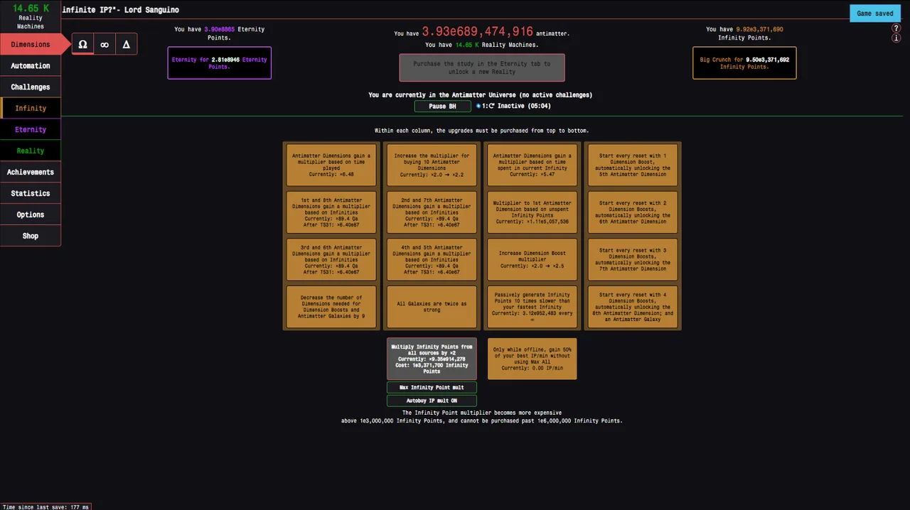 Official Antimatter Dimensions Infinity Upgrades screen from Steam