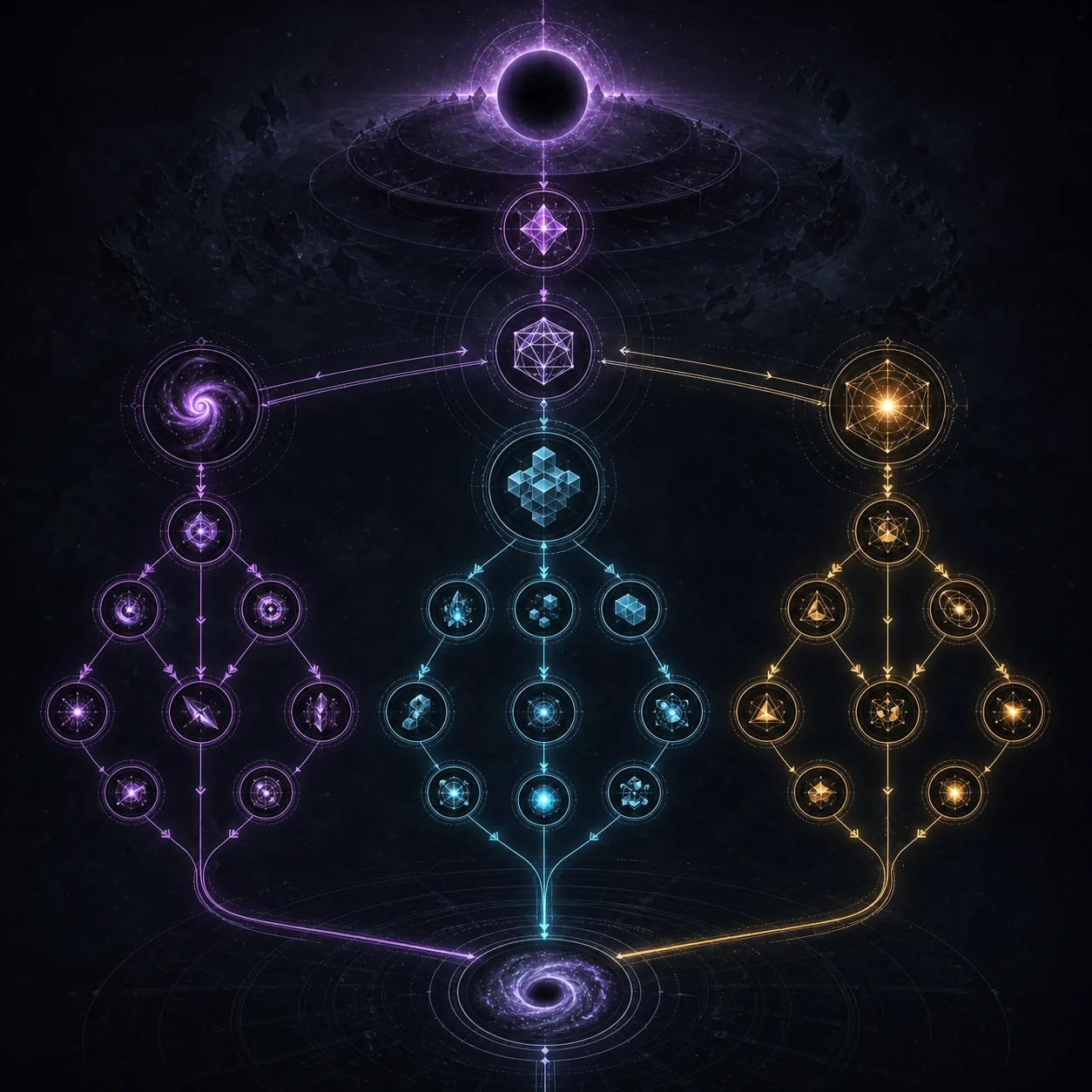 Abstract schematic showing three branching paths for choosing Reality upgrades