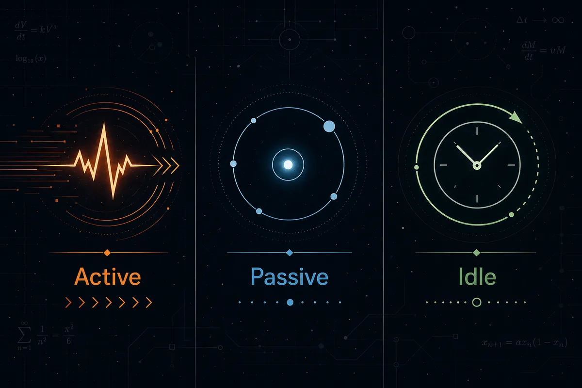 Comparison graphic of Active Passive and Idle Time Study routes for Antimatter Dimensions