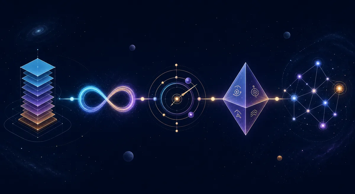Editorial illustration of Antimatter Dimensions progression from stacked Dimensions through Infinity, Eternity, Reality, and Celestials